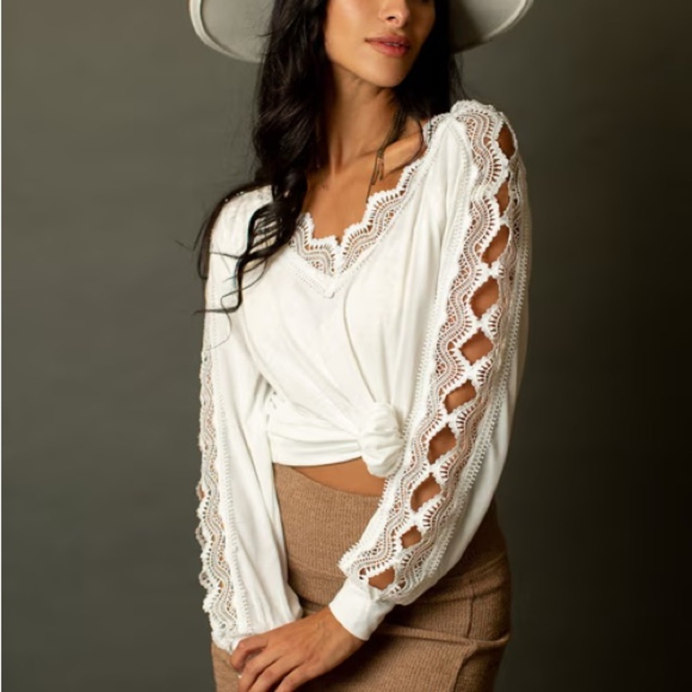 Joyfolie White Lace Sleeve Blouse | AGATHA TOP IN WHITE